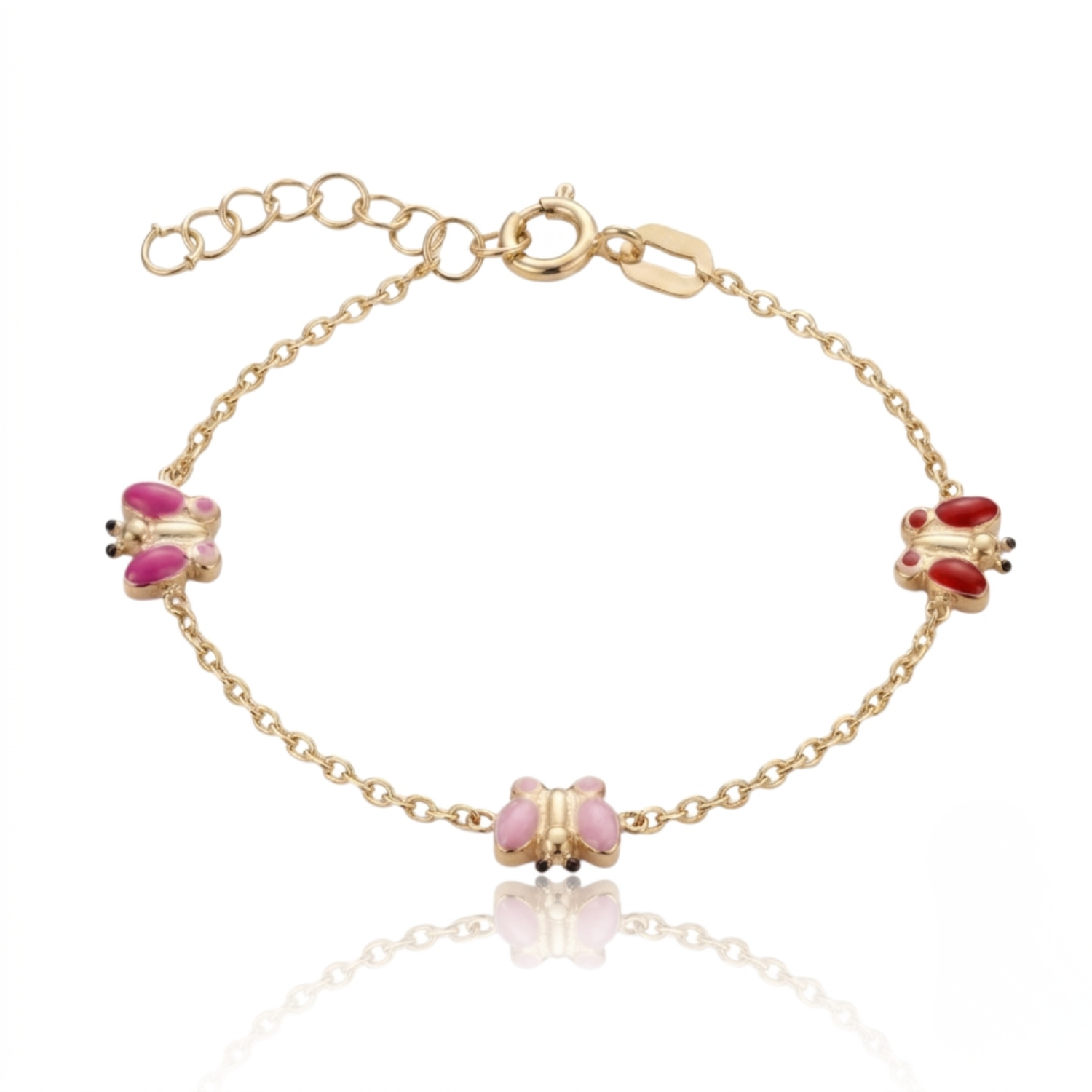 A delicate gold chain bracelet featuring three butterfly charms. Two of the butterfly charms are embellished with vibrant pink enamel, while the third is accented with deep red enamel.