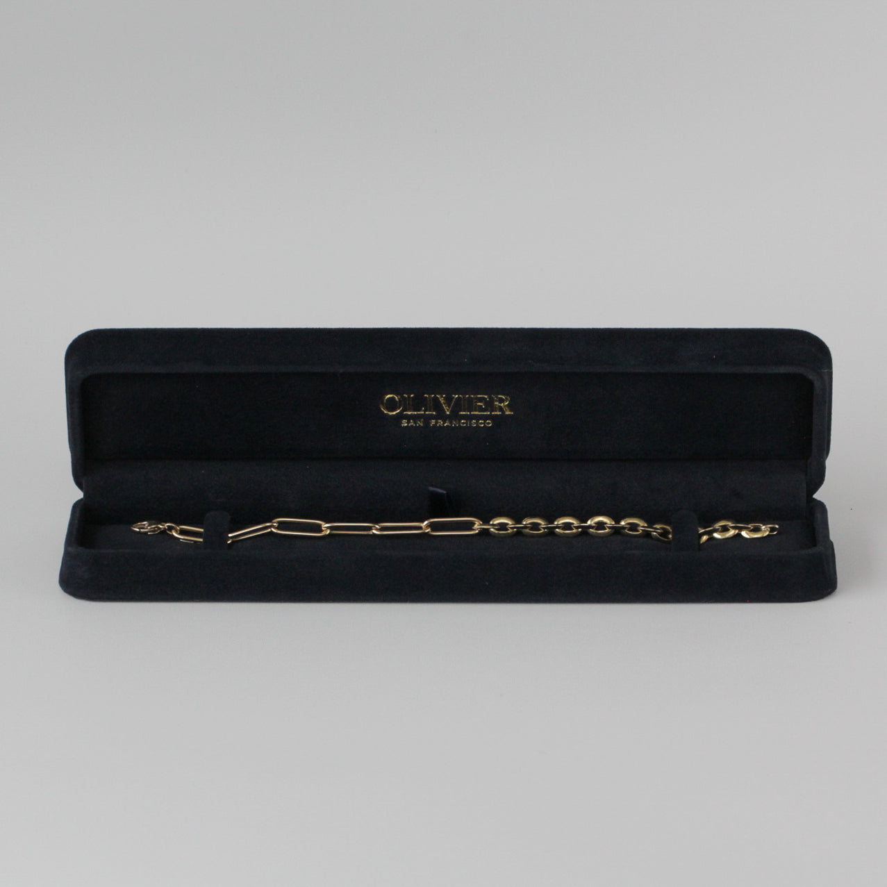 half paper clip half rolo chain gold bracelet in box