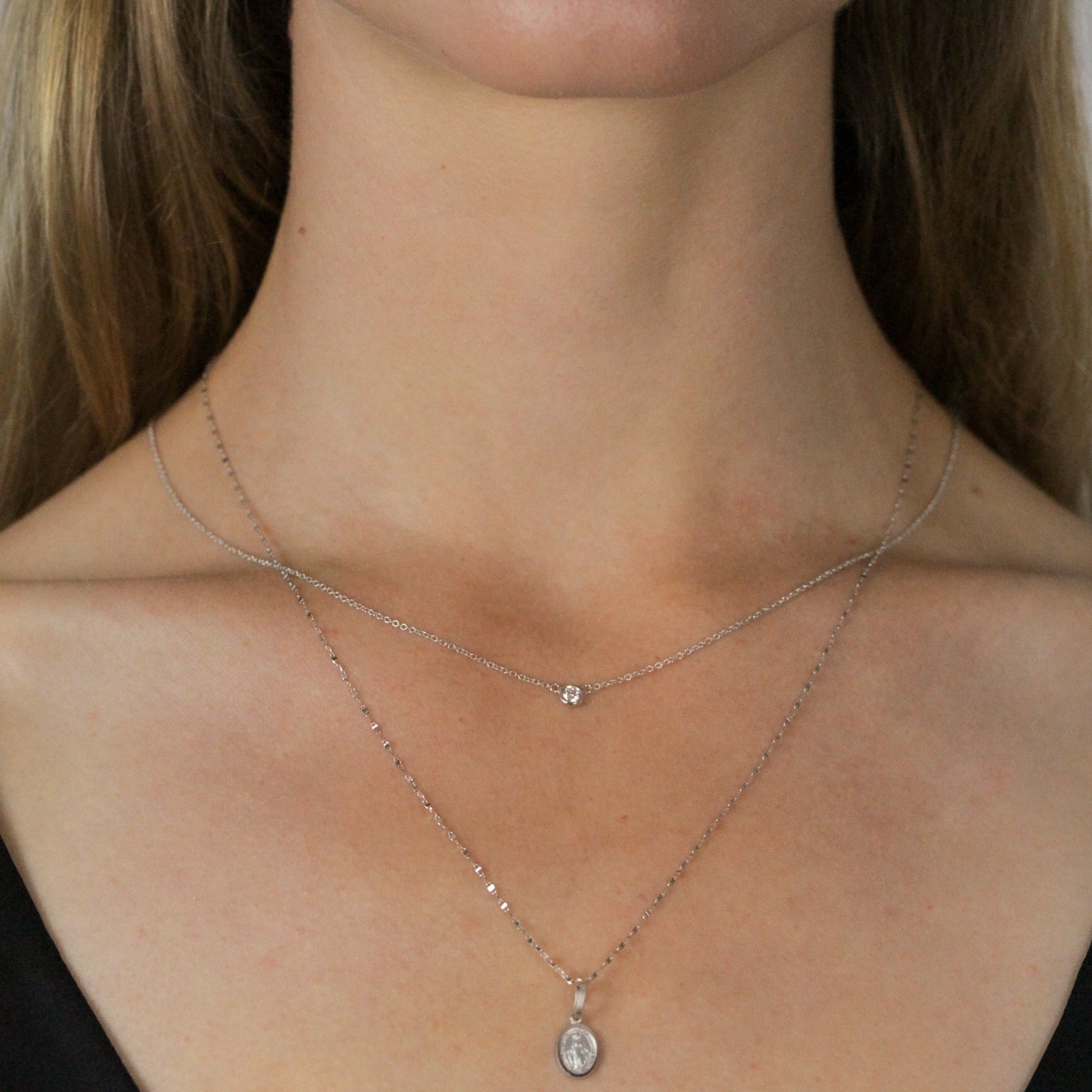 white gold chain with diamond on model, stacked 